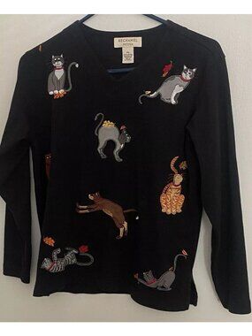 Béchamel Women’s Cat V-neck Black Top Size PS Petites 100% Cotton Autumn Cats